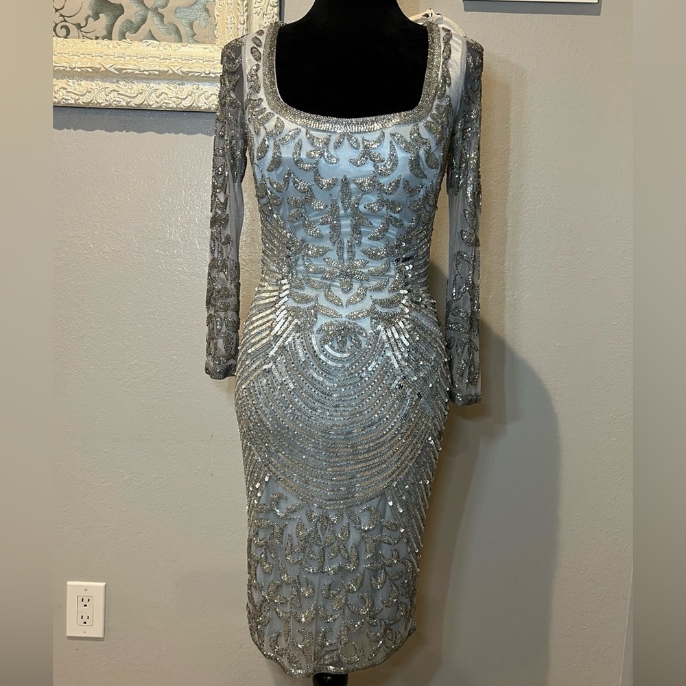 Cassandra stone Mac Duggar beaded silver dress
